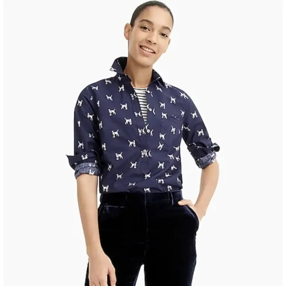 J. Crew Dalmatian Classic Shirt Womens Size 10 Blue Dog Novelty Popover Top